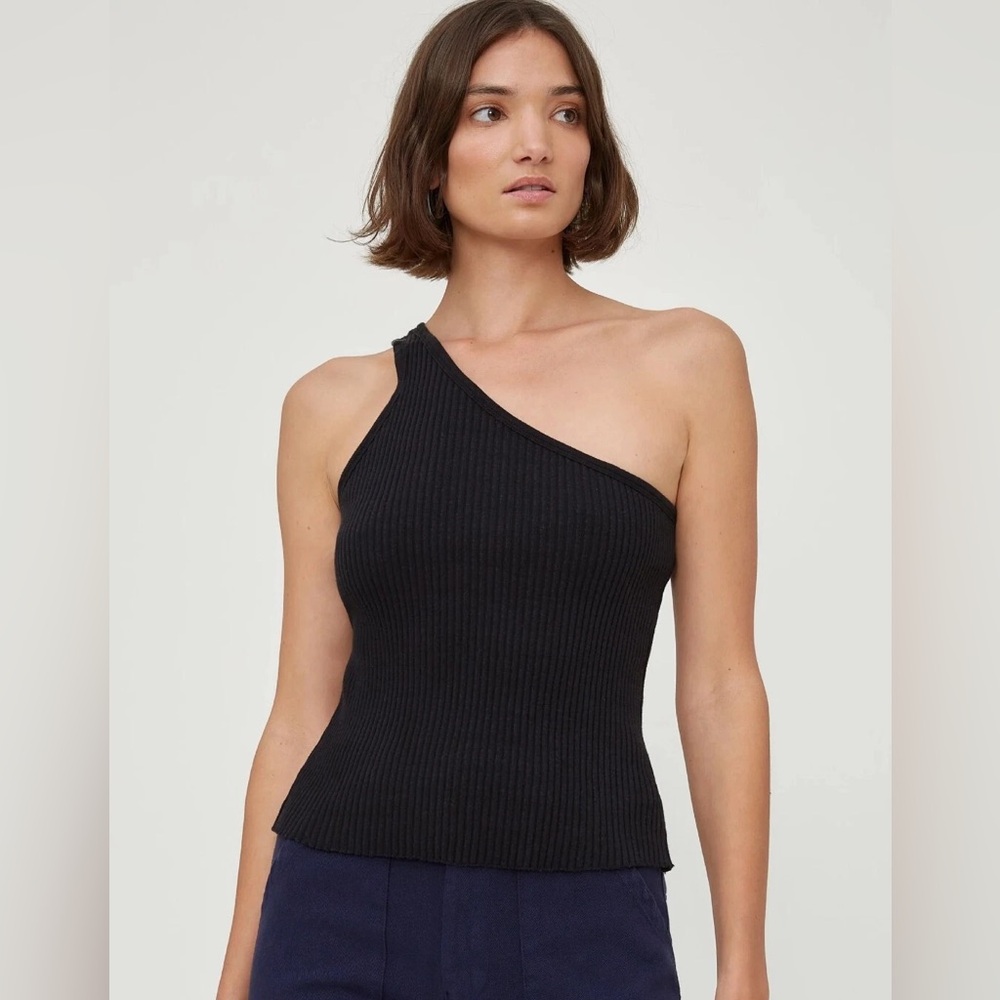 LACAUSA Black Ribbed Cotton One-Shoulder 'Lia' Tank Sz M